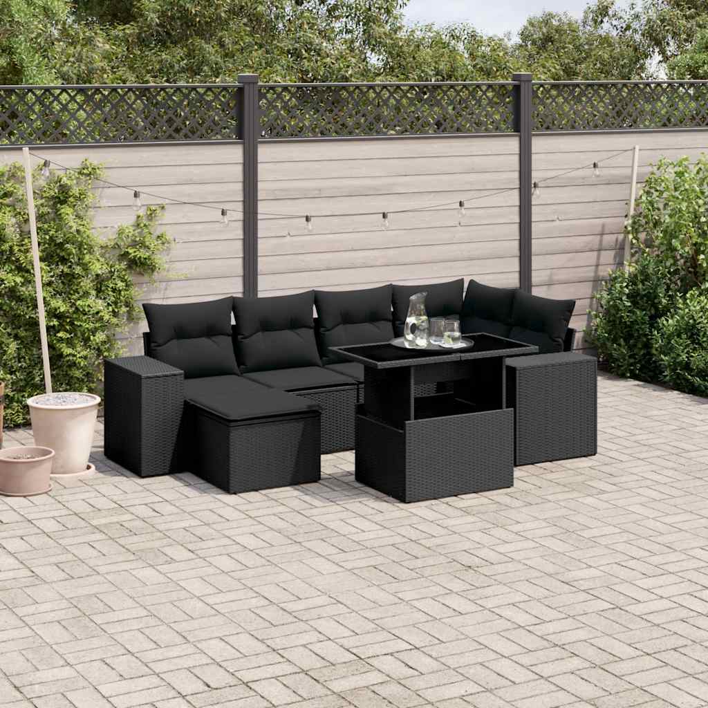 JUNG Vida 7-tlg. Garten-Sofagarnitur mit Kissen Schwarz Poly Rattan