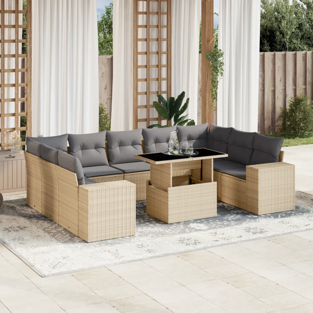 JUNG Vida 10-tlg. Garten-Sofagarnitur mit Kissen Beige Poly Rattan