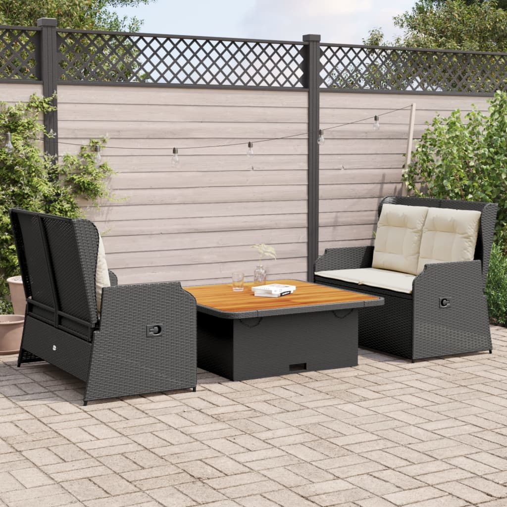 JUNG Vida 3-tlg. Garten-Lounge-Set mit Kissen Schwarz Poly Rattan