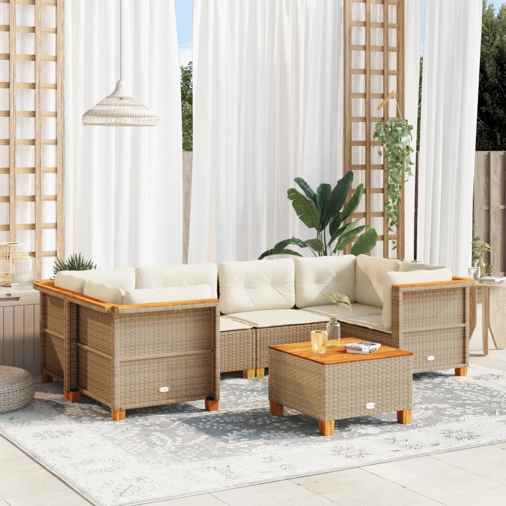 JUNG Vida 7-tlg. Garten-Sofagarnitur mit Kissen Beige Poly Rattan