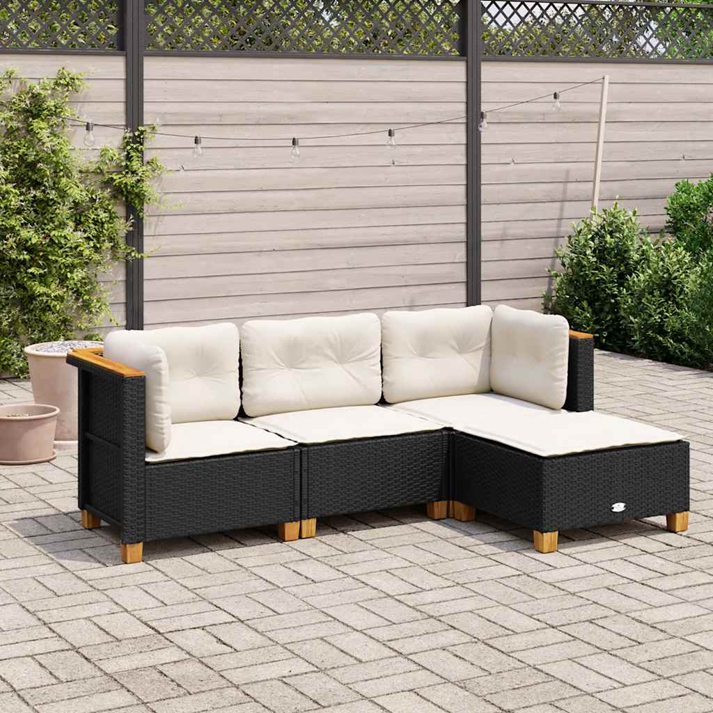 JUNG Vida 4-tlg. Garten-Sofagarnitur mit Kissen Schwarz Poly Rattan