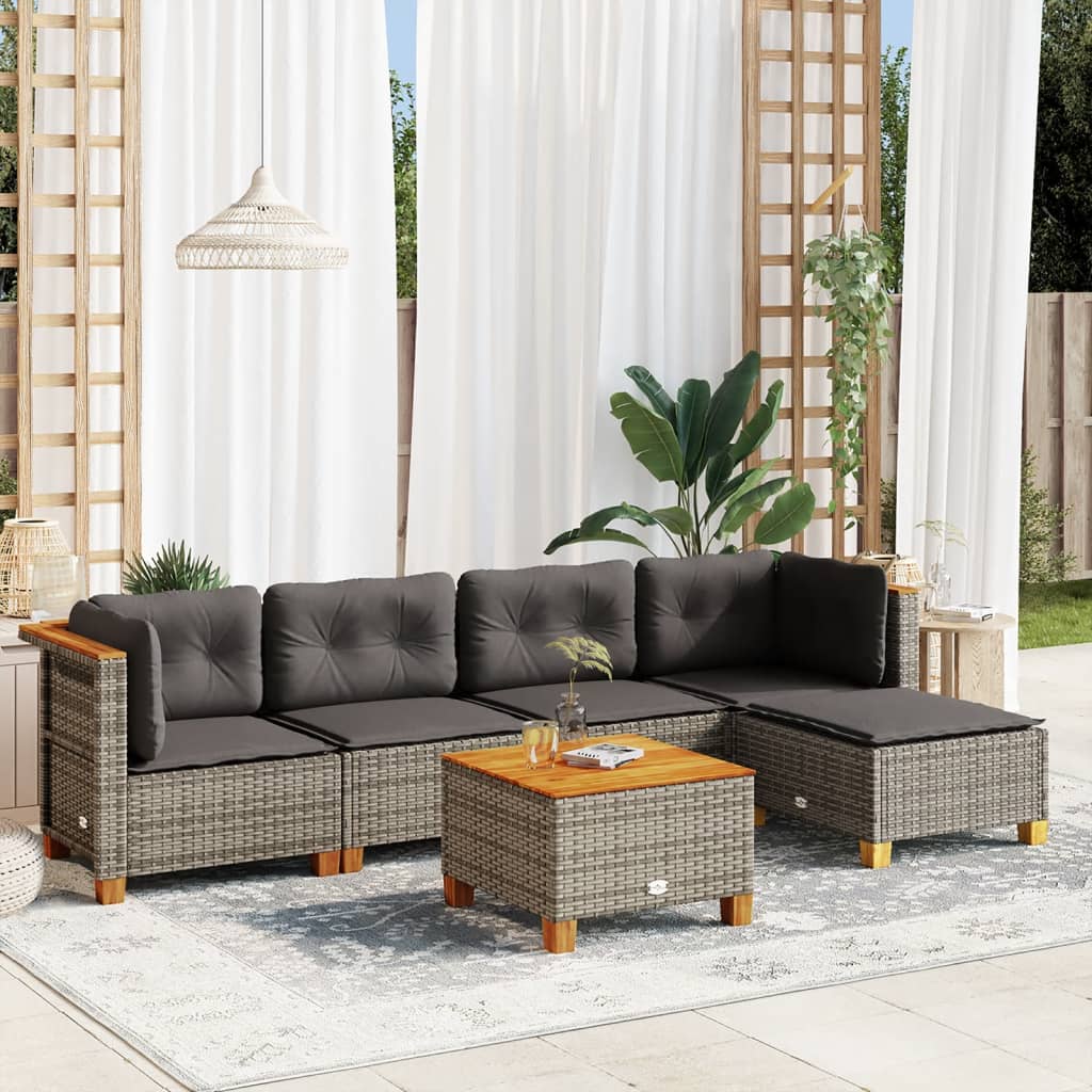 JUNG Vida 6-tlg. Garten-Sofagarnitur mit Kissen Grau Poly Rattan