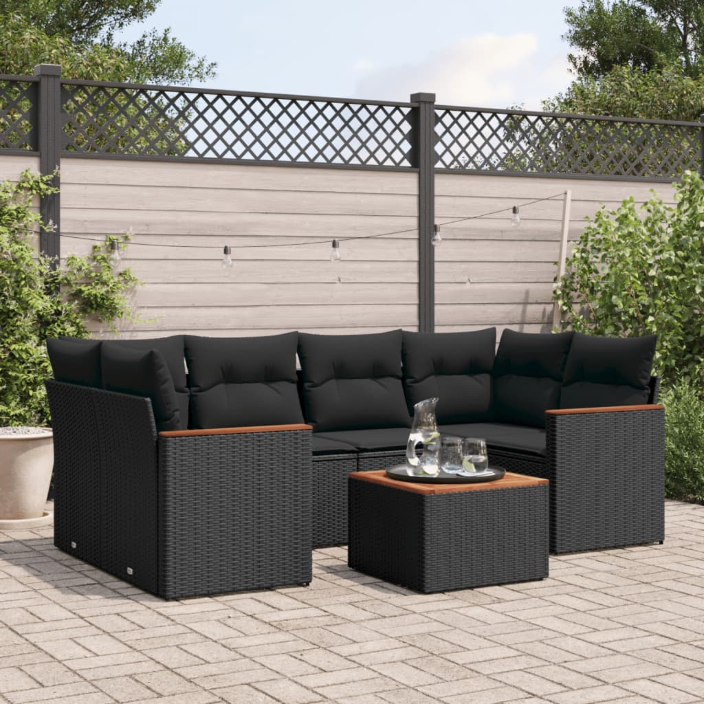 JUNG Vida 7-tlg. Garten-Sofagarnitur mit Kissen Schwarz Poly Rattan