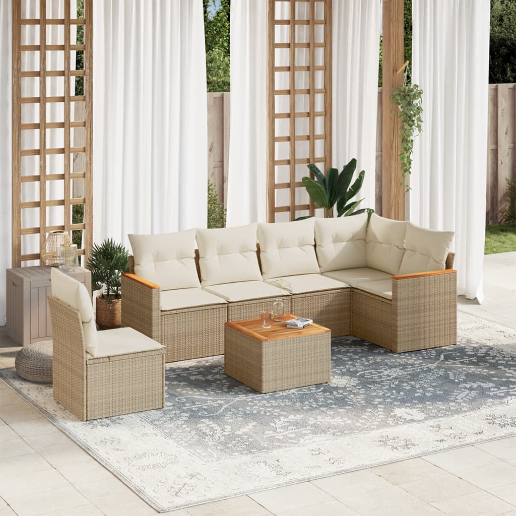 JUNG Vida 7-tlg. Garten-Sofagarnitur mit Kissen Beige Poly Rattan