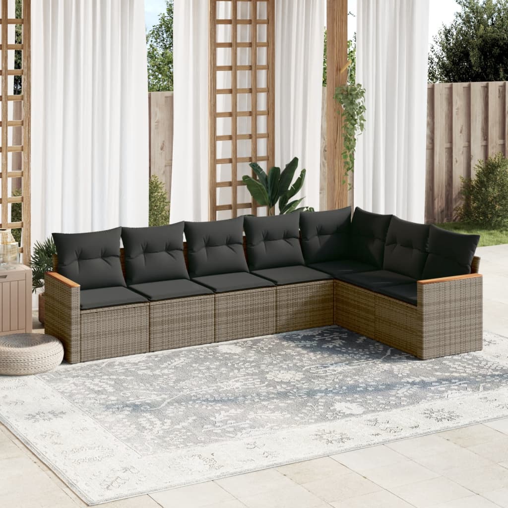JUNG Vida 7-tlg. Garten-Sofagarnitur mit Kissen Grau Poly Rattan
