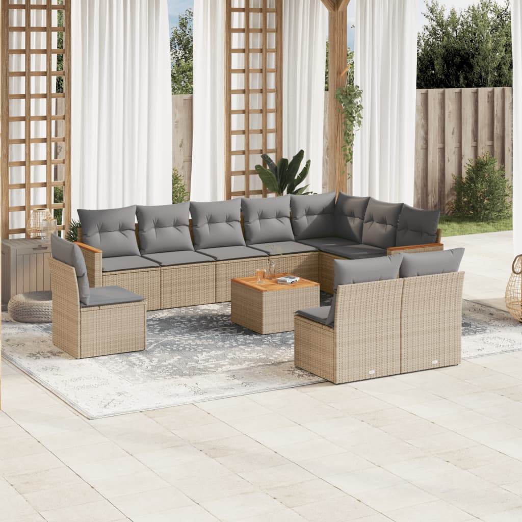 JUNG Vida 11-tlg. Garten-Sofagarnitur mit Kissen Beige Poly Rattan