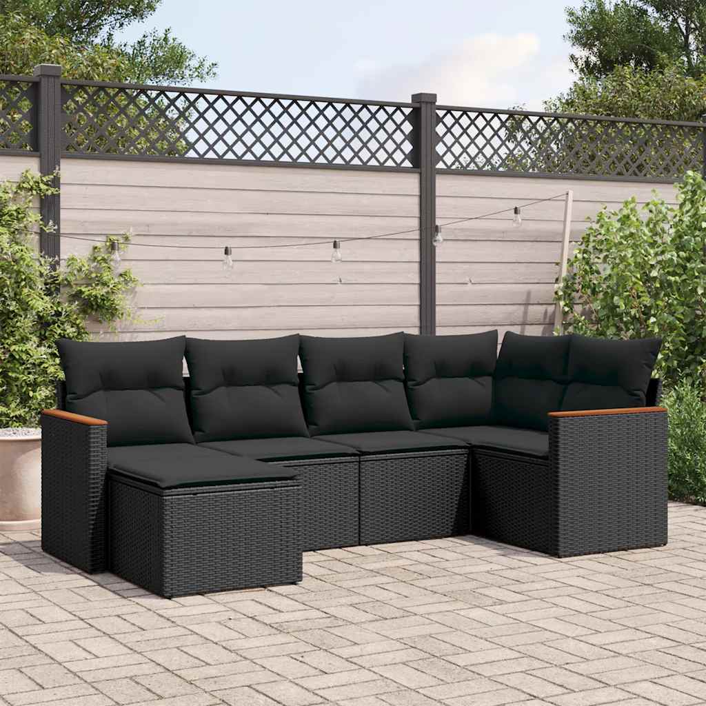 JUNG Vida 6-tlg. Garten-Sofagarnitur mit Kissen Schwarz Poly Rattan