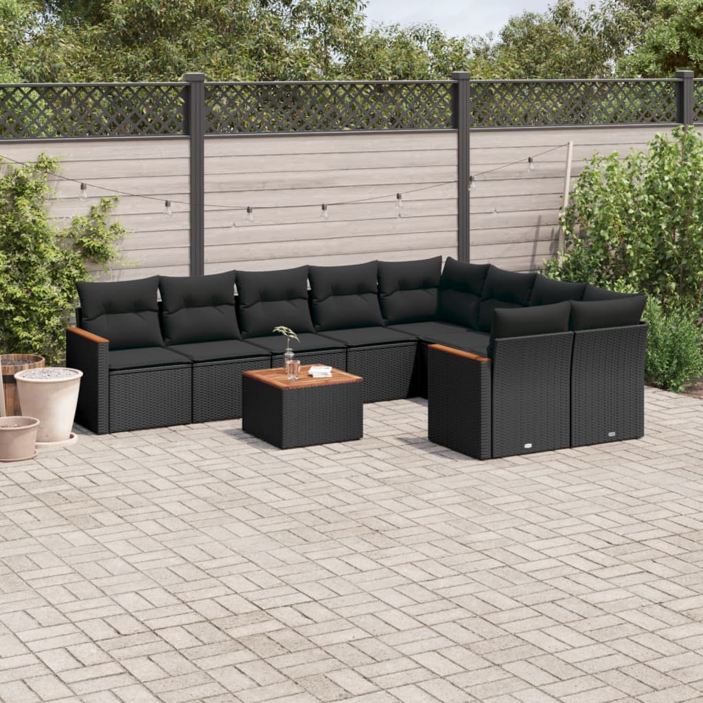 JUNG Vida 10-tlg. Garten-Sofagarnitur mit Kissen Schwarz Poly Rattan