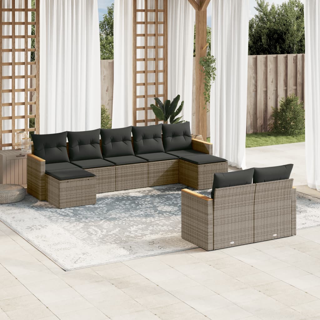 JUNG Vida 9-tlg. Garten-Sofagarnitur mit Kissen Grau Poly Rattan