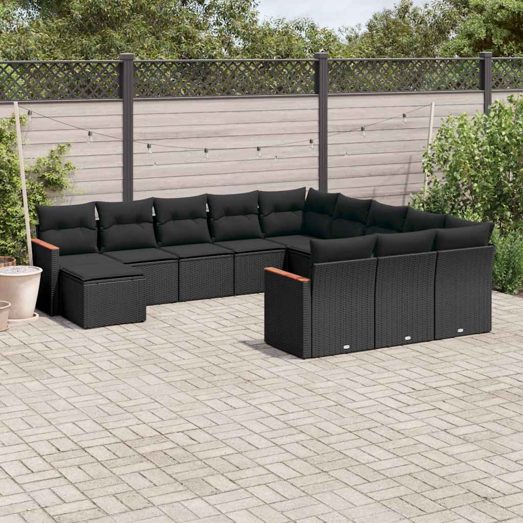JUNG Vida 12-tlg. Garten-Sofagarnitur mit Kissen Schwarz Poly Rattan