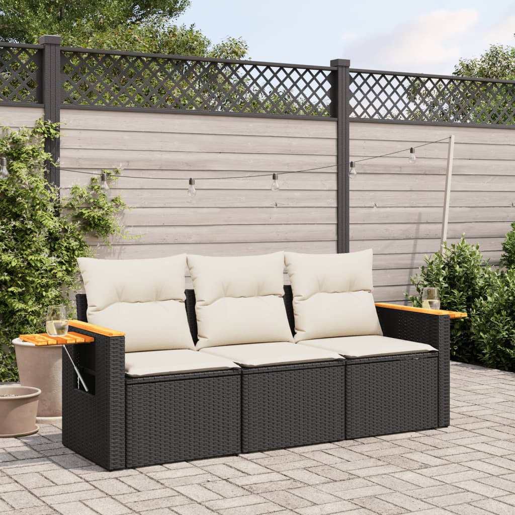 JUNG Vida 3-tlg. Garten-Sofagarnitur mit Kissen Schwarz Poly Rattan