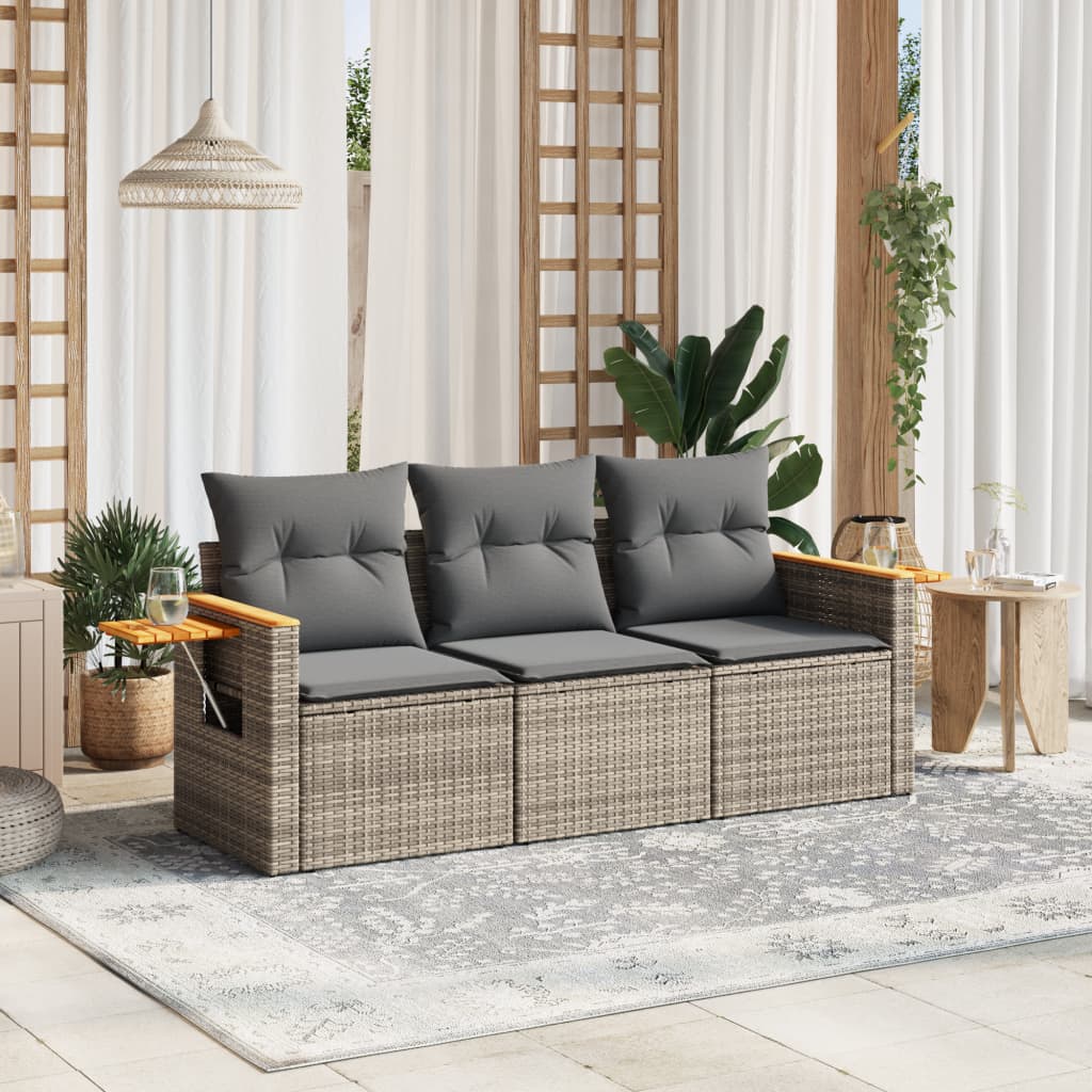JUNG Vida 3-tlg. Garten-Sofagarnitur mit Kissen Grau Poly Rattan