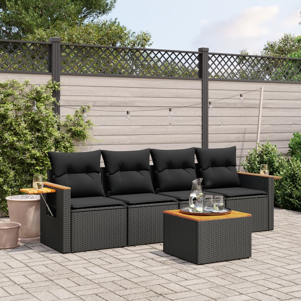 JUNG Vida 5-tlg. Garten-Sofagarnitur mit Kissen Schwarz Poly Rattan
