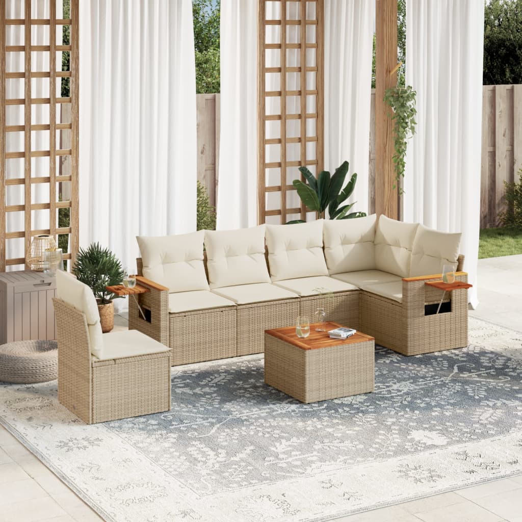 JUNG Vida 7-tlg. Garten-Sofagarnitur mit Kissen Beige Poly Rattan
