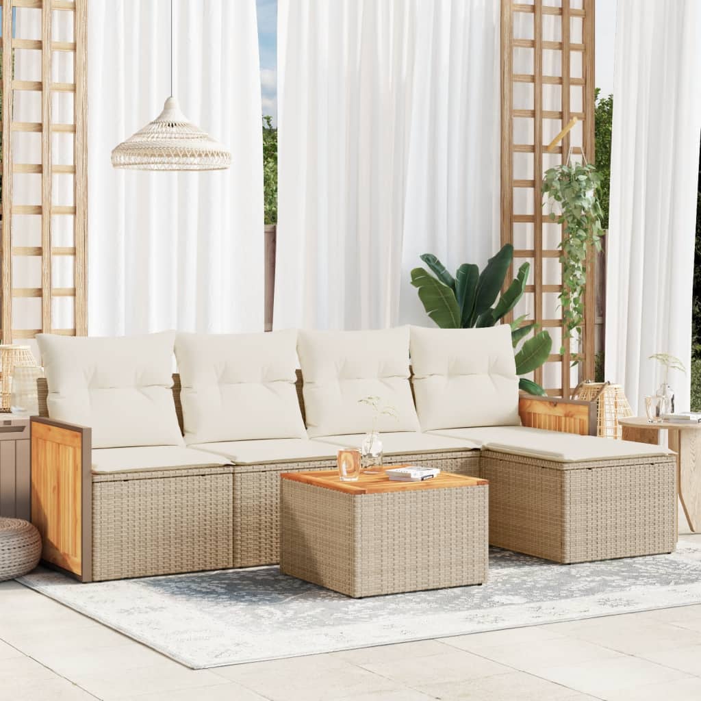 JUNG Vida 6-tlg. Garten-Sofagarnitur mit Kissen Beige Poly Rattan