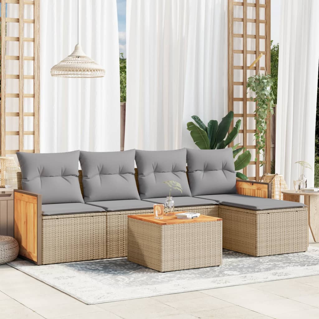 JUNG Vida 6-tlg. Garten-Sofagarnitur mit Kissen Beige Poly Rattan