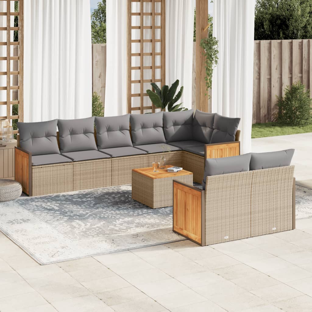 JUNG Vida 9-tlg. Garten-Sofagarnitur mit Kissen Beige Poly Rattan