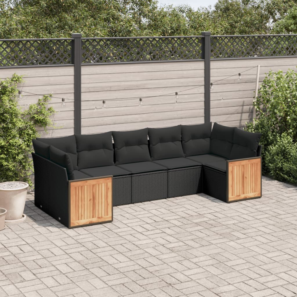 JUNG Vida 7-tlg. Garten-Sofagarnitur mit Kissen Schwarz Poly Rattan