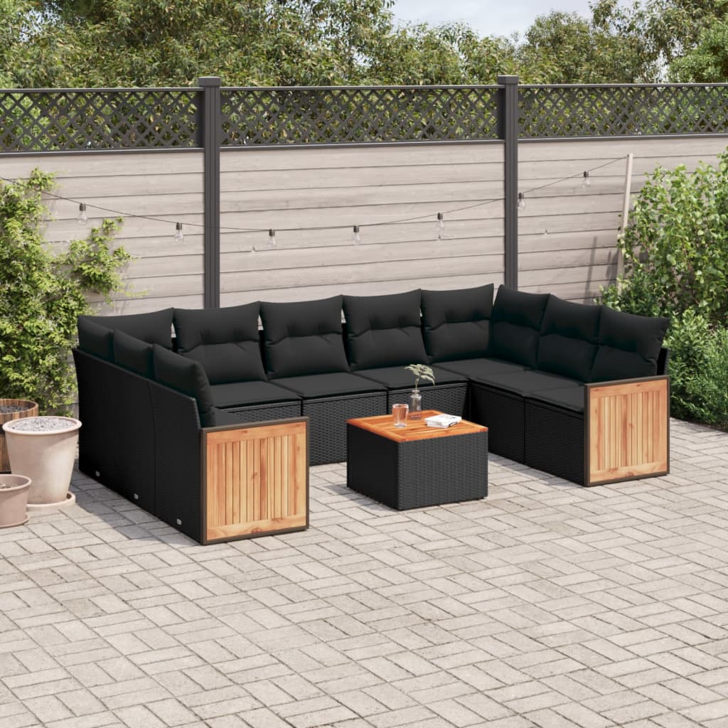JUNG Vida 10-tlg. Garten-Sofagarnitur mit Kissen Schwarz Poly Rattan