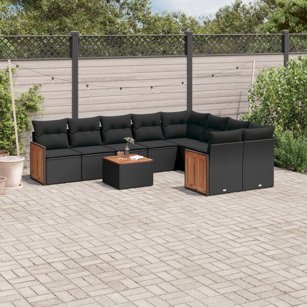 JUNG Vida 10-tlg. Garten-Sofagarnitur mit Kissen Schwarz Poly Rattan