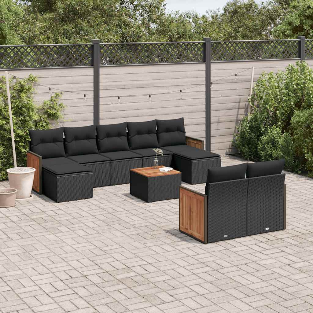 JUNG Vida 10-tlg. Garten-Sofagarnitur mit Kissen Schwarz Poly Rattan