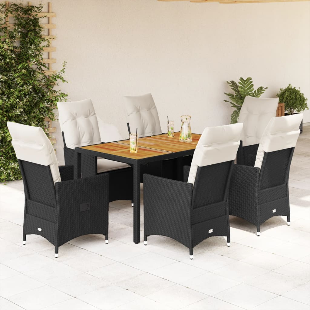 JUNG Vida 7-tlg. Garten-Essgruppe mit Kissen Schwarz Poly Rattan