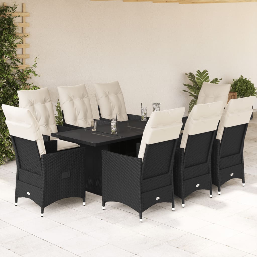 JUNG Vida 9-tlg. Garten-Essgruppe mit Kissen Schwarz Poly Rattan