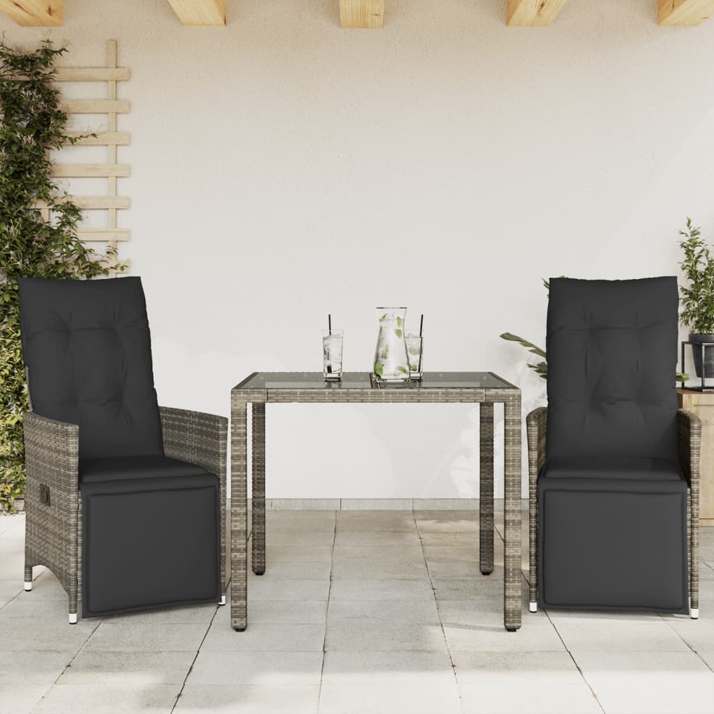 JUNG Vida 3-tlg. Garten-Bistro-Set mit Kissen Grau Poly Rattan
