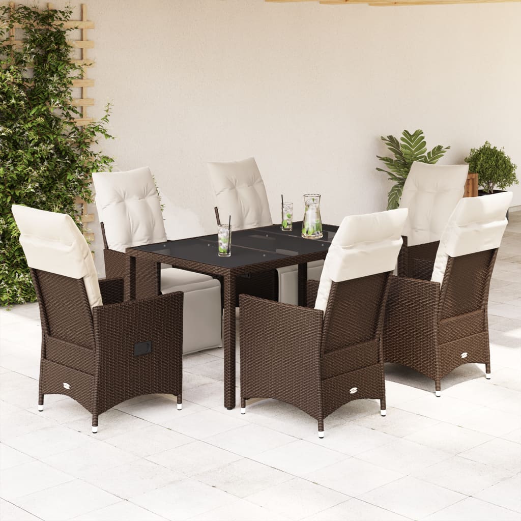 JUNG Vida 7-tlg. Garten-Bistro-Set mit Kissen Braun Poly Rattan