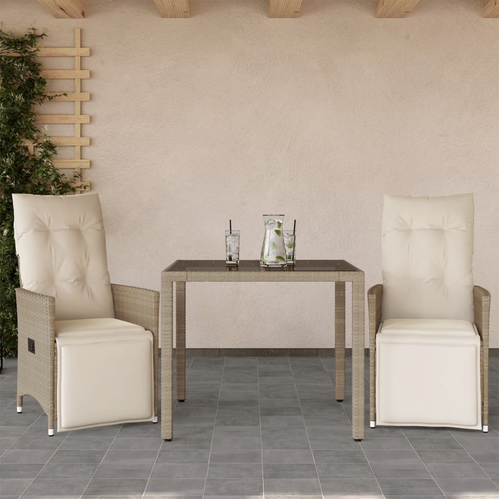 JUNG Vida 3-tlg. Garten-Bistro-Set mit Kissen Beige Poly Rattan