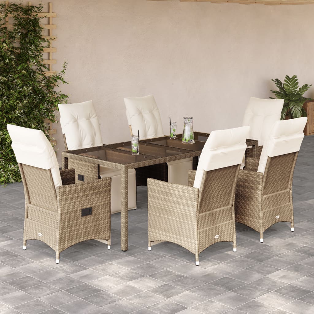 JUNG Vida 7-tlg. Garten-Bistro-Set mit Kissen Beige Poly Rattan
