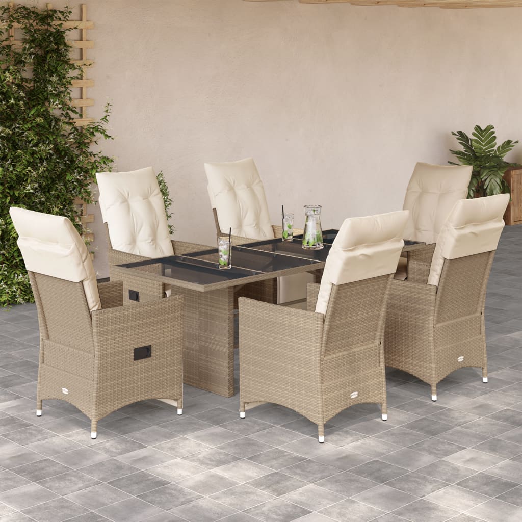 JUNG Vida 7-tlg. Garten-Bistro-Set mit Kissen Beige Poly Rattan