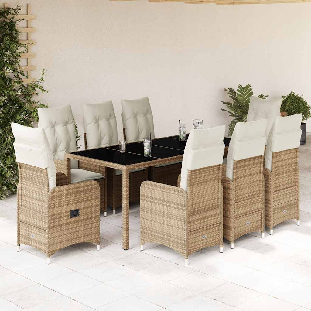 JUNG Vida 9-tlg. Garten-Bistro-Set mit Kissen Beige Poly Rattan