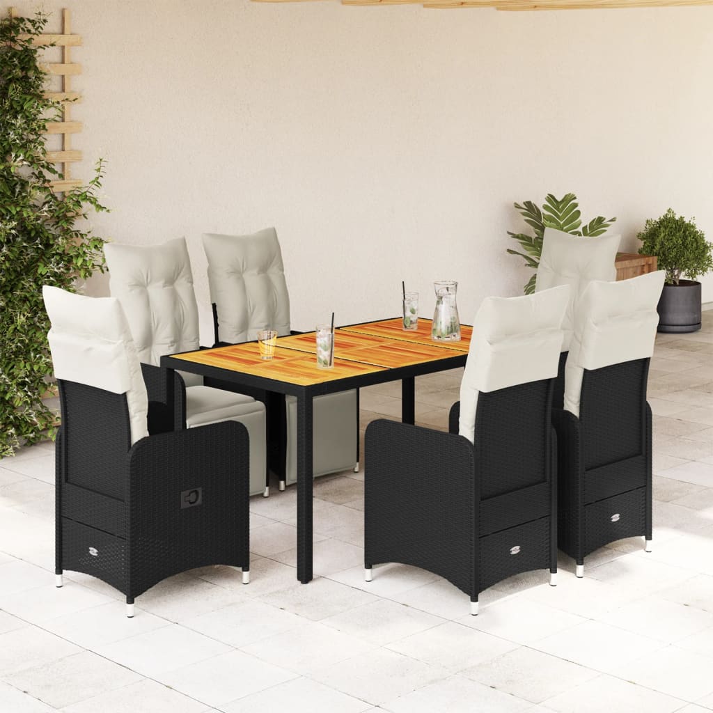 JUNG Vida 7-tlg. Garten-Bistro-Set mit Kissen Schwarz Poly Rattan