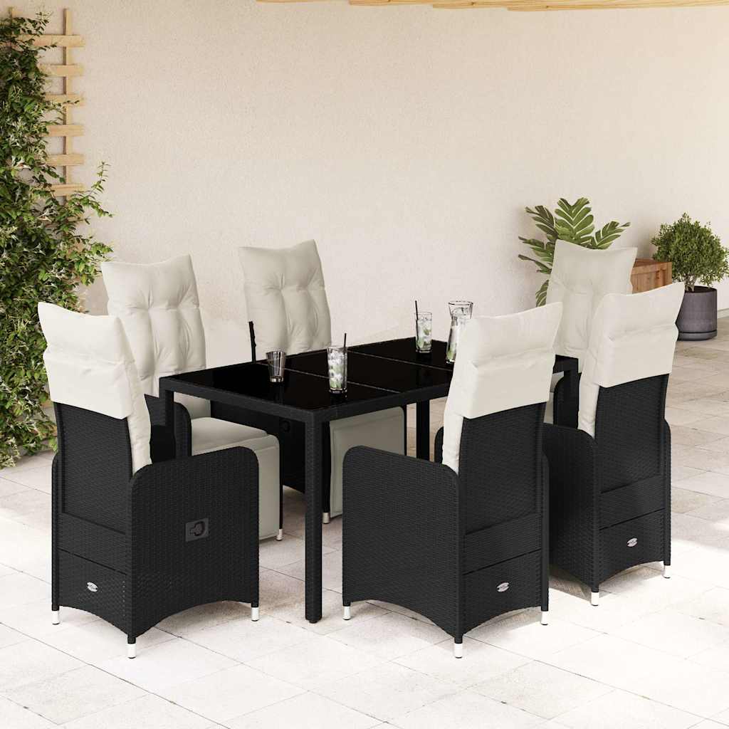 JUNG Vida 7-tlg. Garten-Bistro-Set mit Kissen Schwarz Poly Rattan