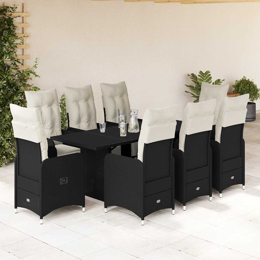 JUNG Vida 9-tlg. Garten-Bistro-Set mit Kissen Schwarz Poly Rattan