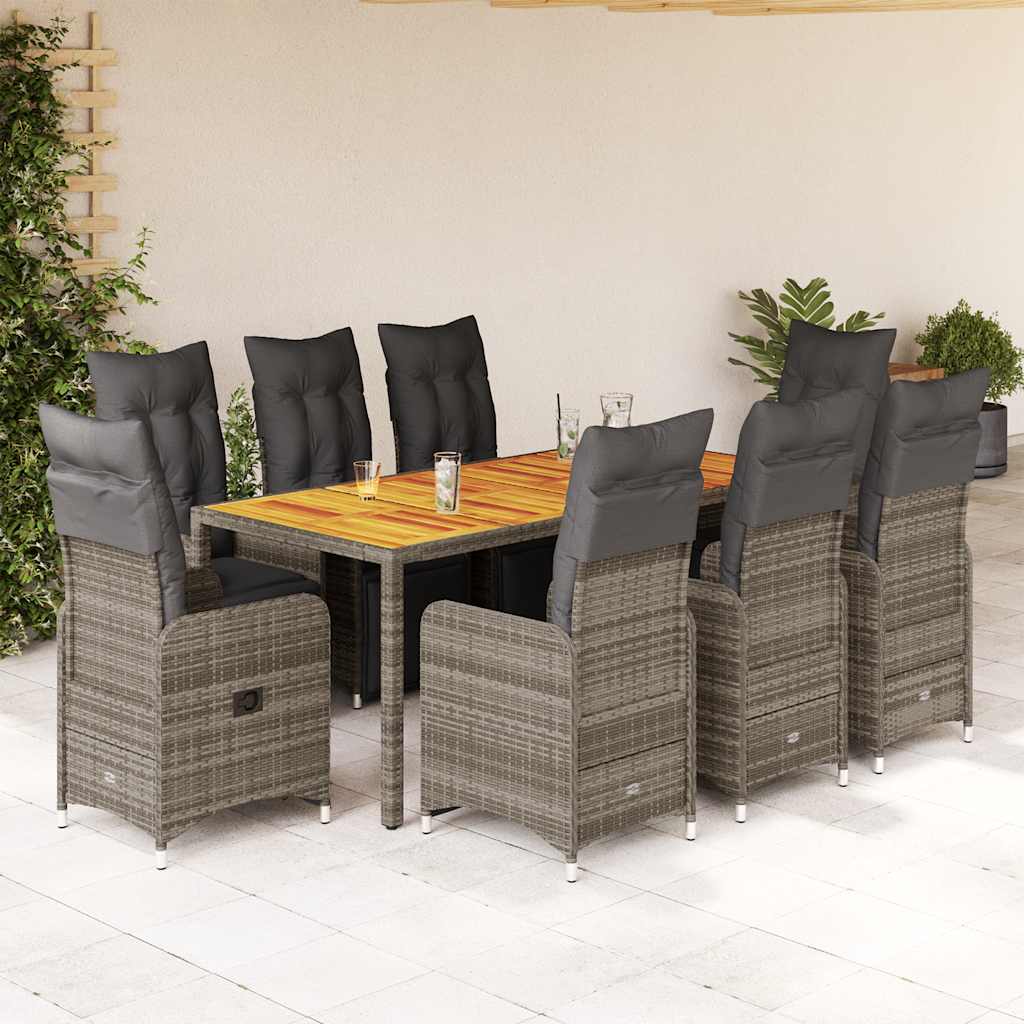 JUNG Vida 9-tlg. Garten-Bistro-Set mit Kissen Grau Poly Rattan