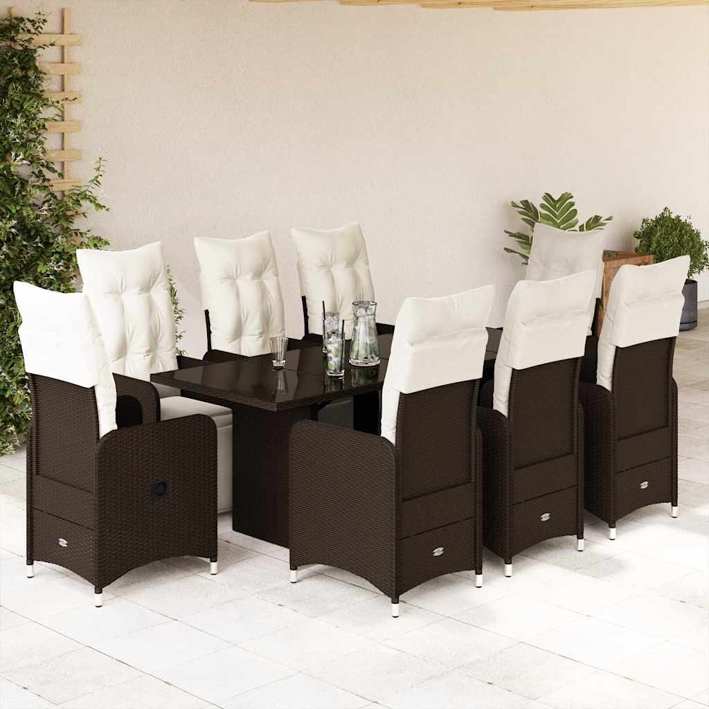 JUNG Vida 9-tlg. Garten-Bistro-Set mit Kissen Braun Poly Rattan