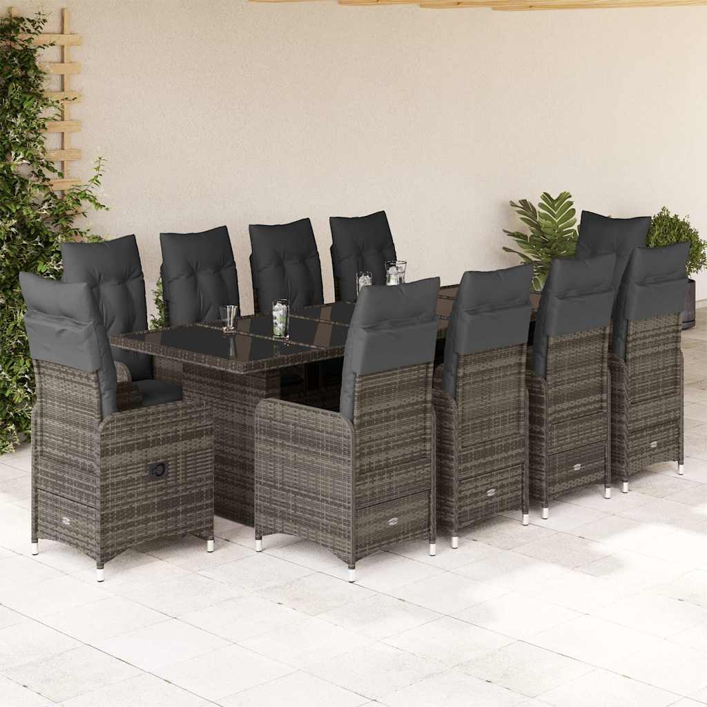 JUNG Vida 11-tlg. Garten-Bistro-Set mit Kissen Grau Poly Rattan