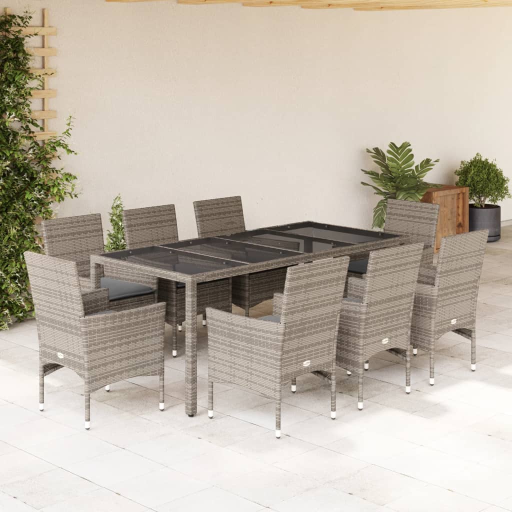 JUNG Vida 9-tlg. Garten-Essgruppe mit Kissen Grau Poly Rattan und Glas