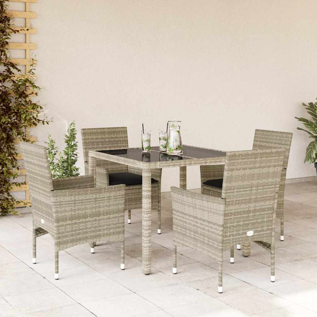 JUNG Vida 5-tlg. Garten-Essgruppe mit Kissen Hellgrau Poly Rattan Glas