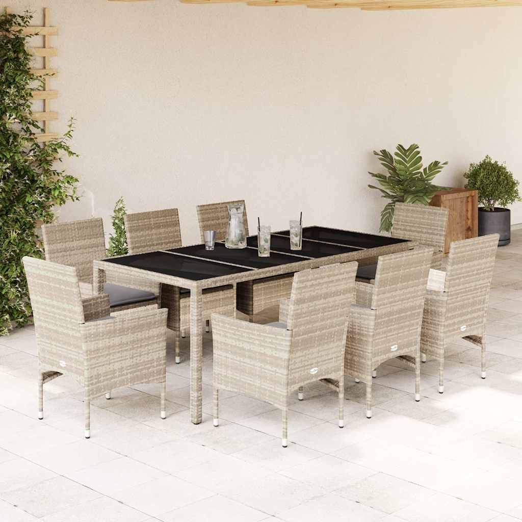 JUNG Vida 9-tlg. Garten-Essgruppe mit Kissen Hellgrau Poly Rattan & Glas