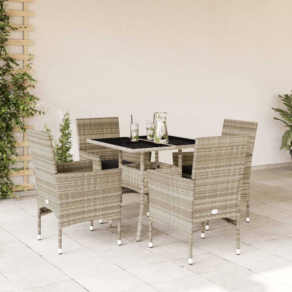 JUNG Vida 5-tlg. Garten-Essgruppe mit Kissen Hellgrau Poly Rattan Glas