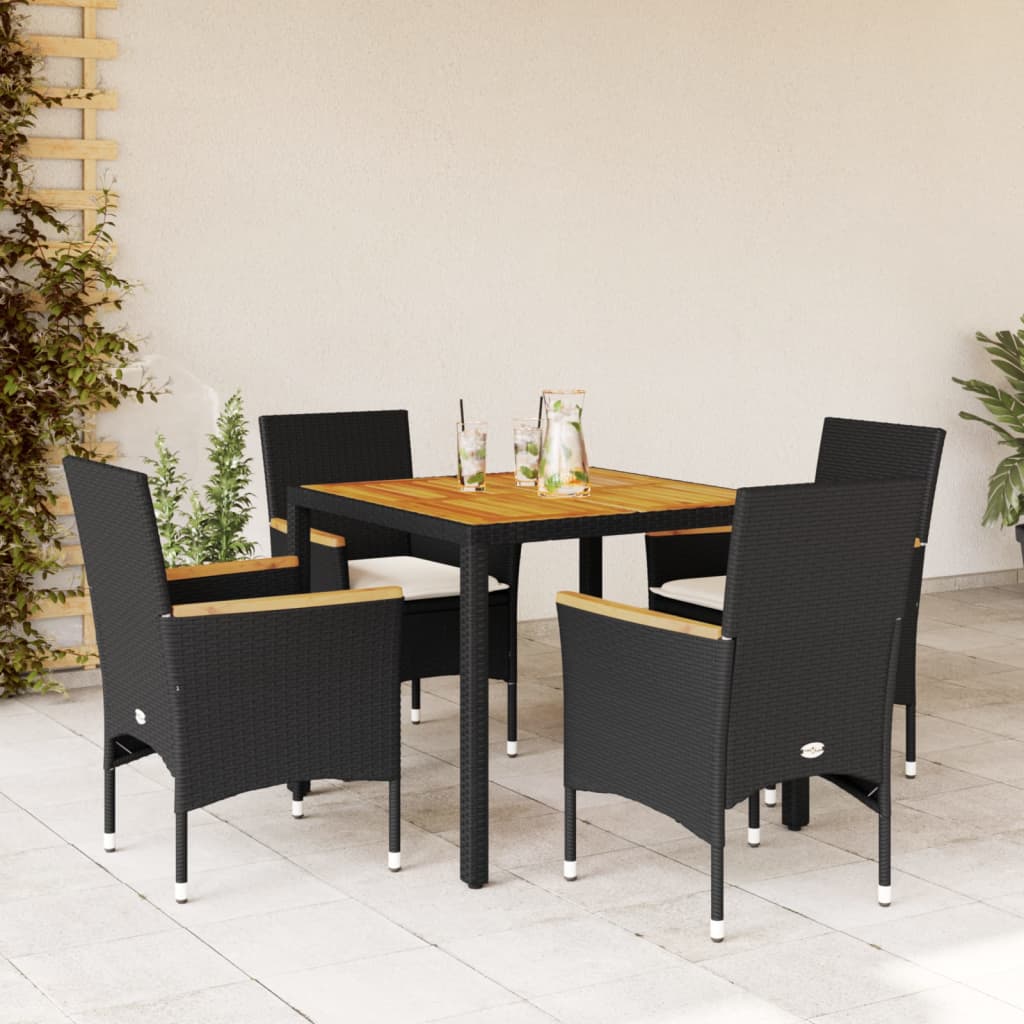 JUNG Vida 5-tlg. Garten-Essgruppe mit Kissen Schwarz Poly Rattan Akazie