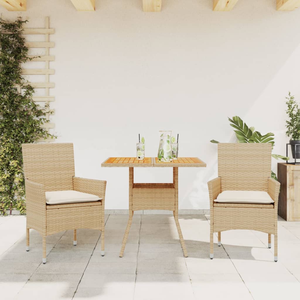 JUNG Vida 3-tlg. Garten-Essgruppe mit Kissen Beige Poly Rattan Akazie