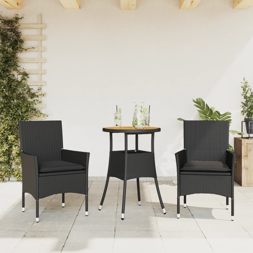 JUNG Vida 3-tlg. Garten-Essgruppe mit Kissen Schwarz Poly Rattan Akazie