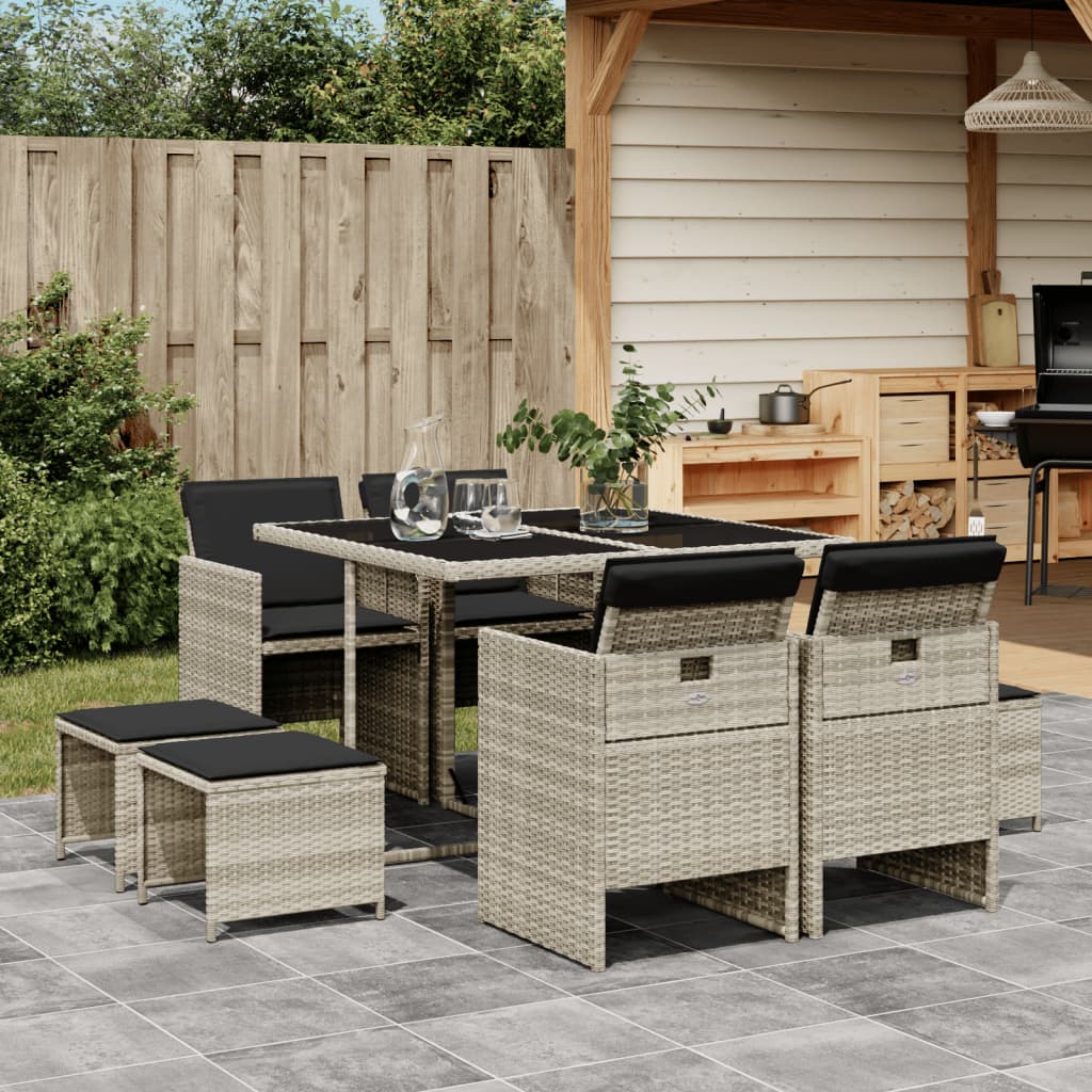 JUNG Vida 9-tlg. Garten-Essgruppe mit Kissen Hellgrau Poly Rattan