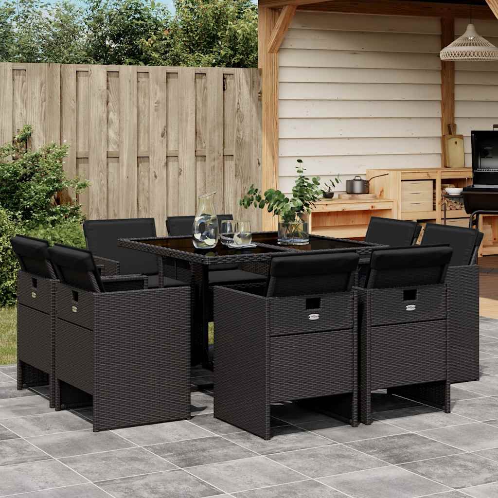JUNG Vida 9-tlg. Garten-Essgruppe mit Kissen Schwarz Poly Rattan