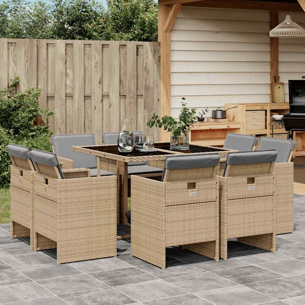 JUNG Vida 9-tlg. Garten-Essgruppe mit Kissen Beigemischung Poly Rattan