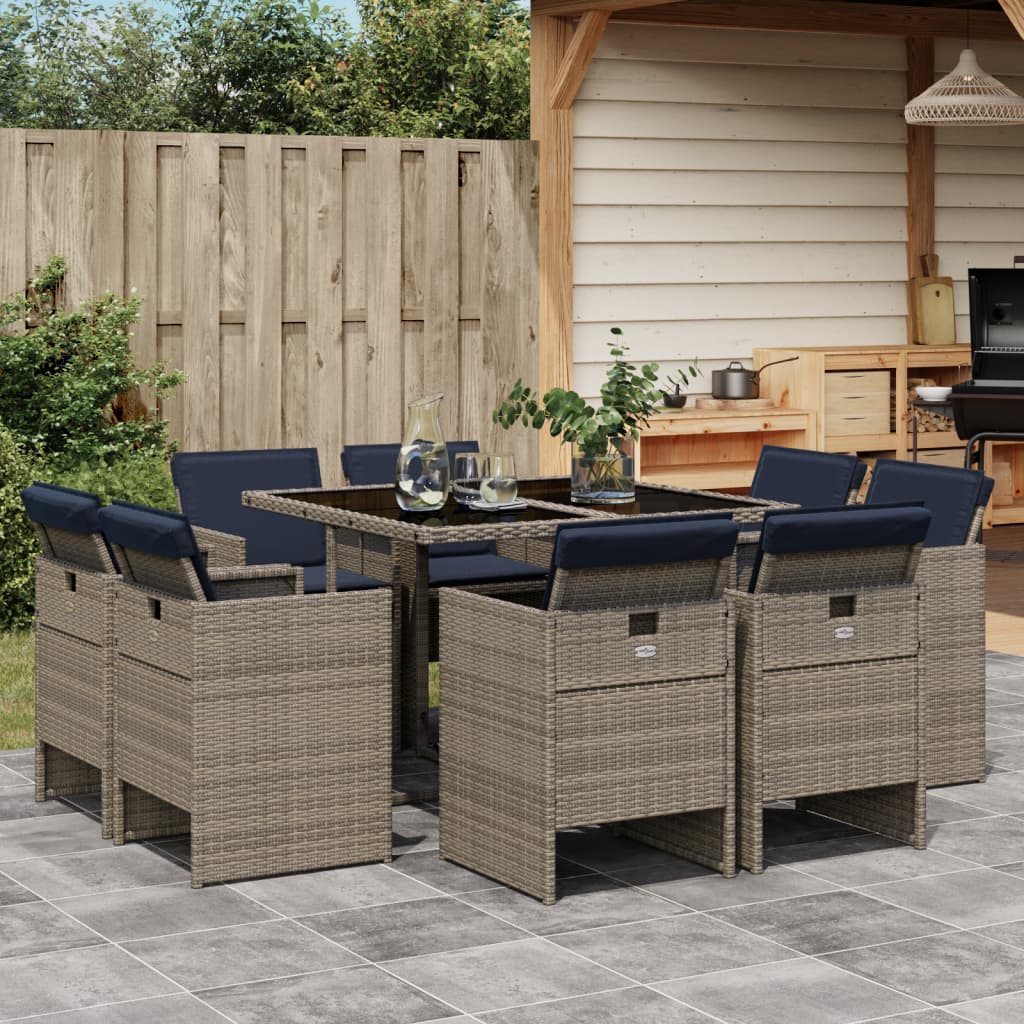 JUNG Vida 9-teiliges Garten-Ess-Set mit Kissen, grau, Polyrattan